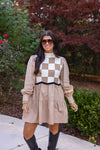 taupe white gingham sweater dress