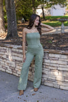 olive green denim flare leg jumpsuit