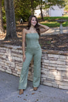 olive green denim flare leg jumpsuit