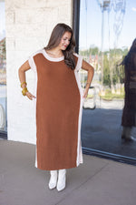 caramel brown knit midi shirt dress