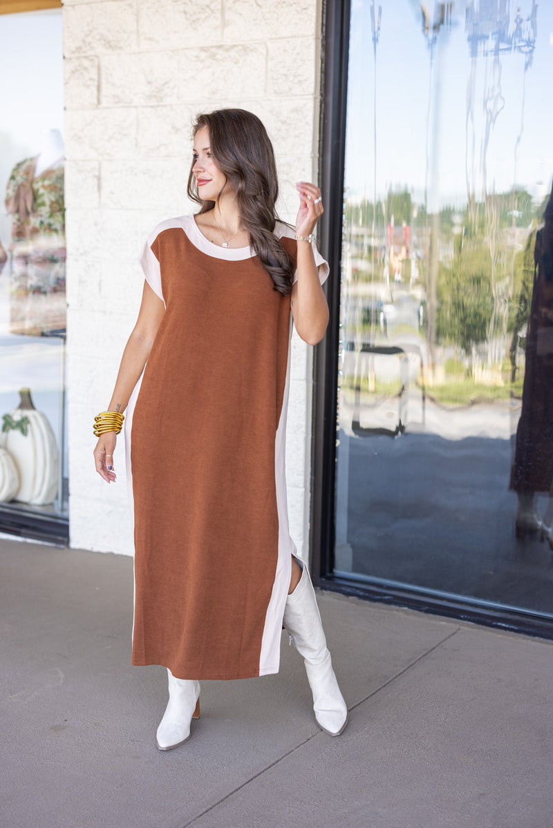 caramel brown knit midi shirt dress