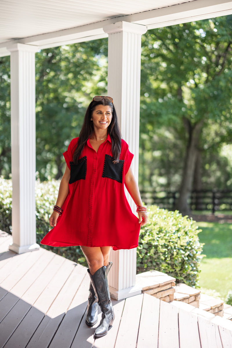 Red and Black Rhinestone Gauze Button Down Dress Purple Door Purple Door Boutique