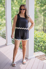 trending black ric rac shorts set