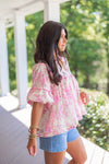 pink chinoiserie print babydoll top 