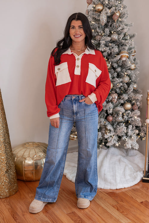 red ivory colorblock pullover top