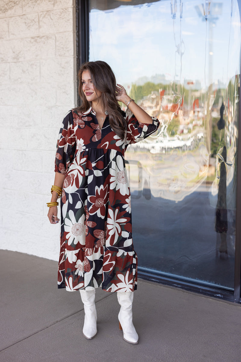 umgee black rust floral midi dress