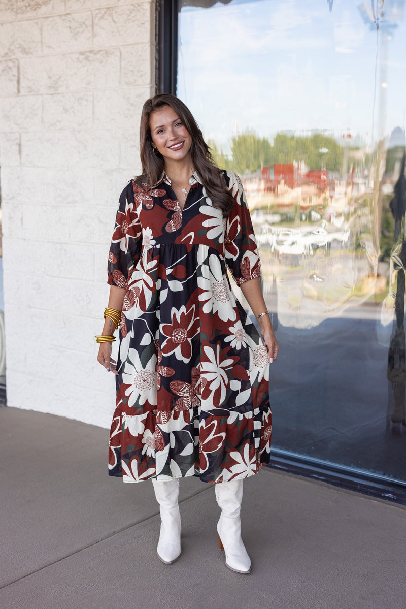 umgee black rust floral midi dress