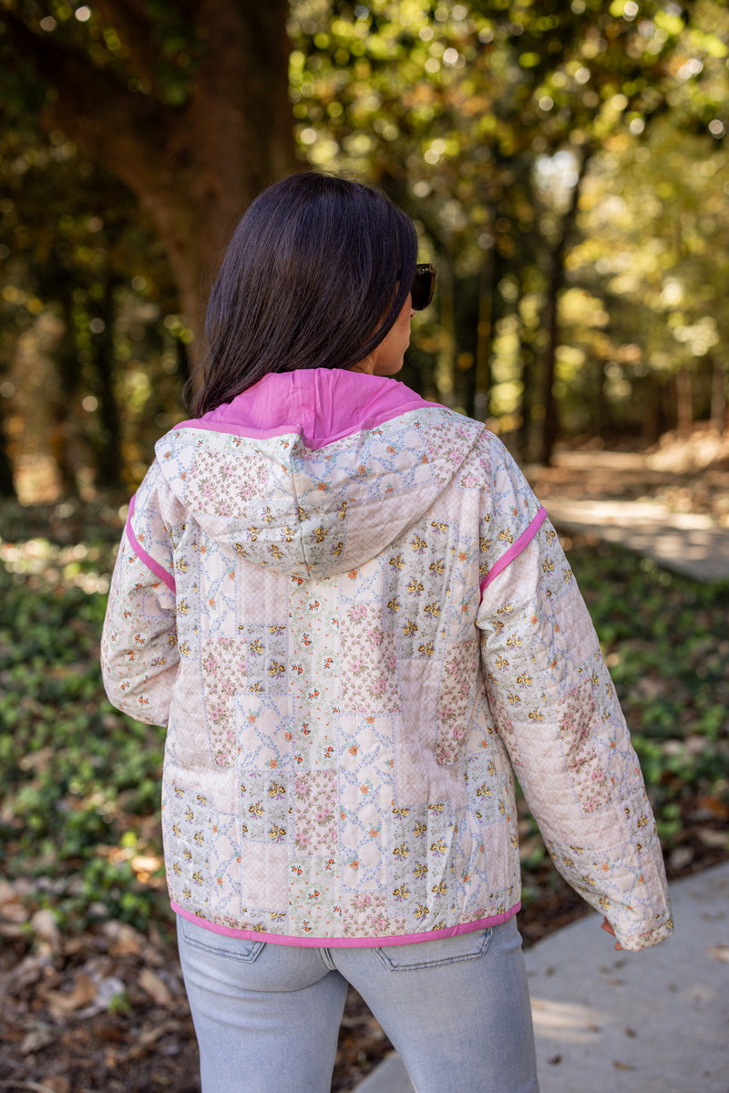 pink ivory floral quilted zip jacket