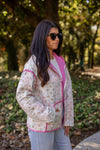 pink ivory floral quilted zip jacket