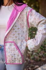 pink ivory floral quilted zip jacket