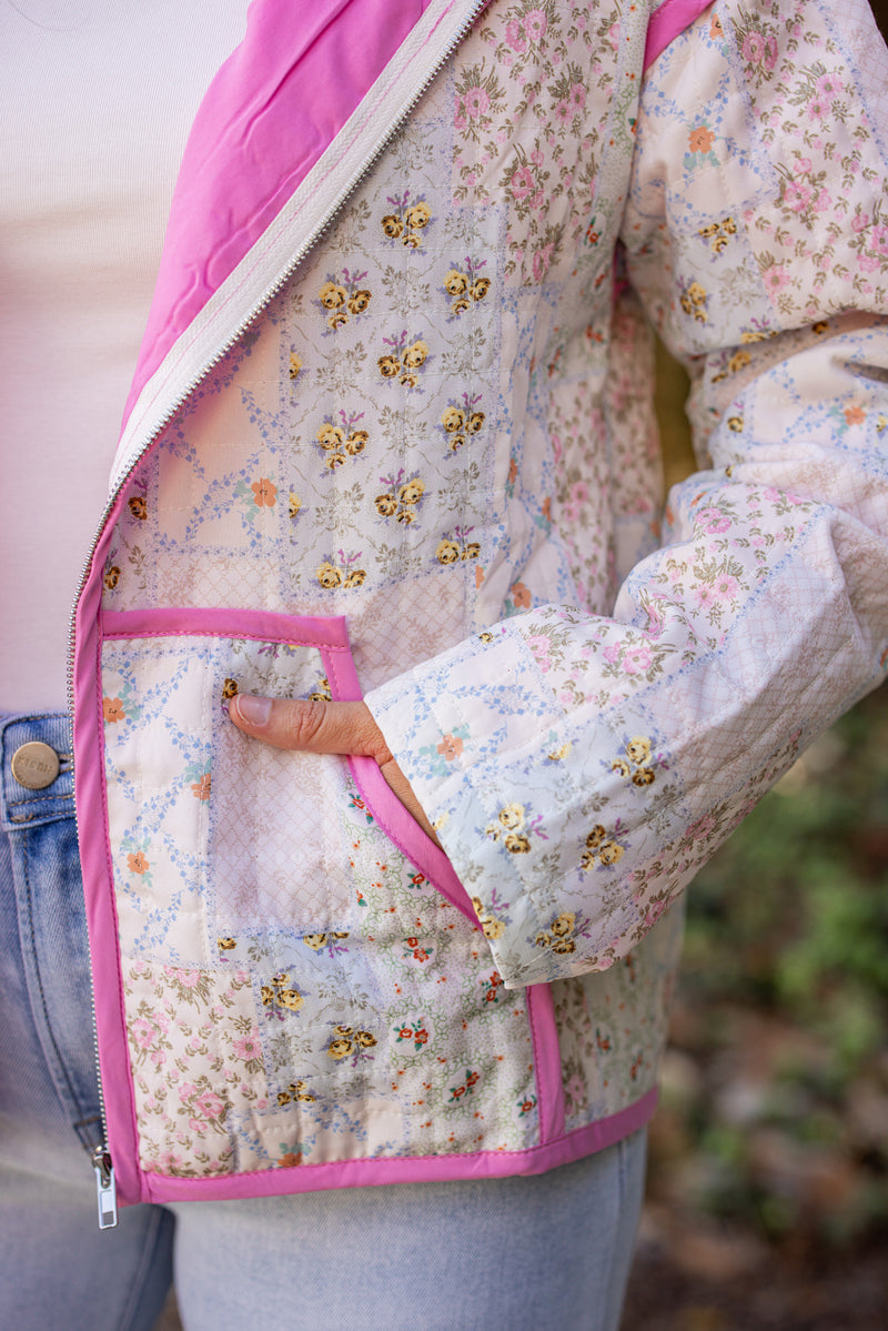 pink ivory floral quilted zip jacket