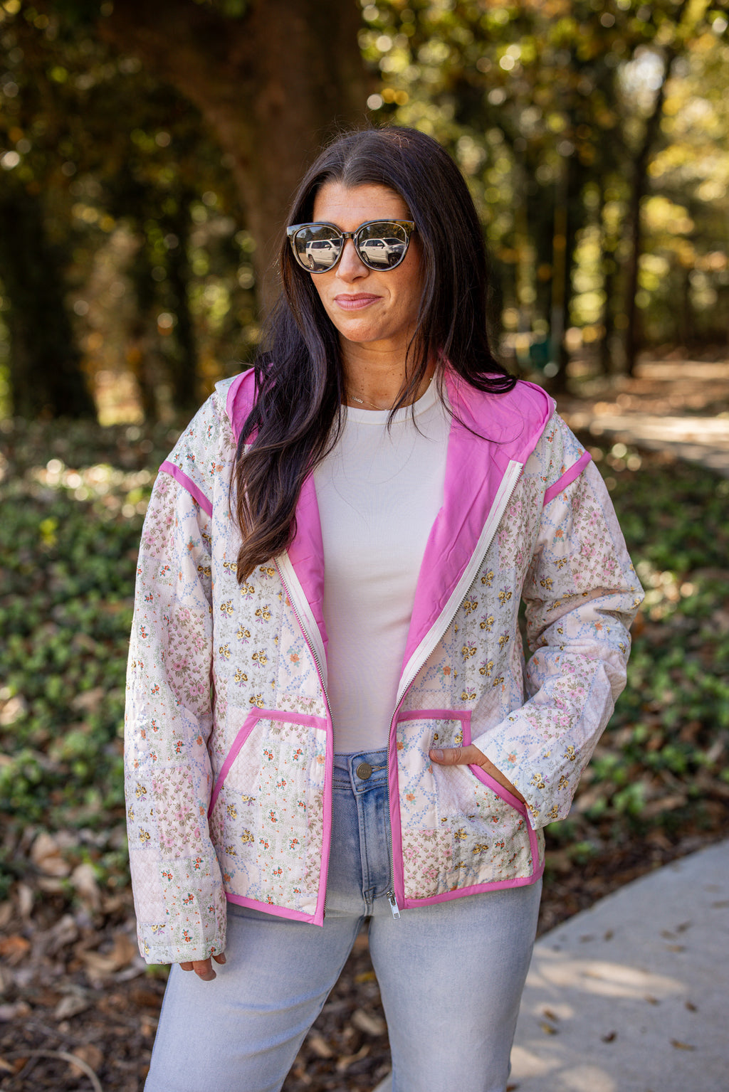 pink ivory floral quilted zip jacket