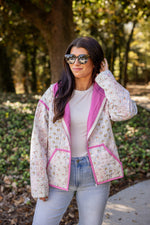 pink ivory floral quilted zip jacket