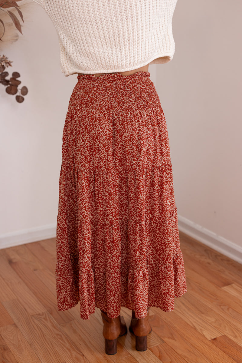 rust floral boho smocked midi skirt