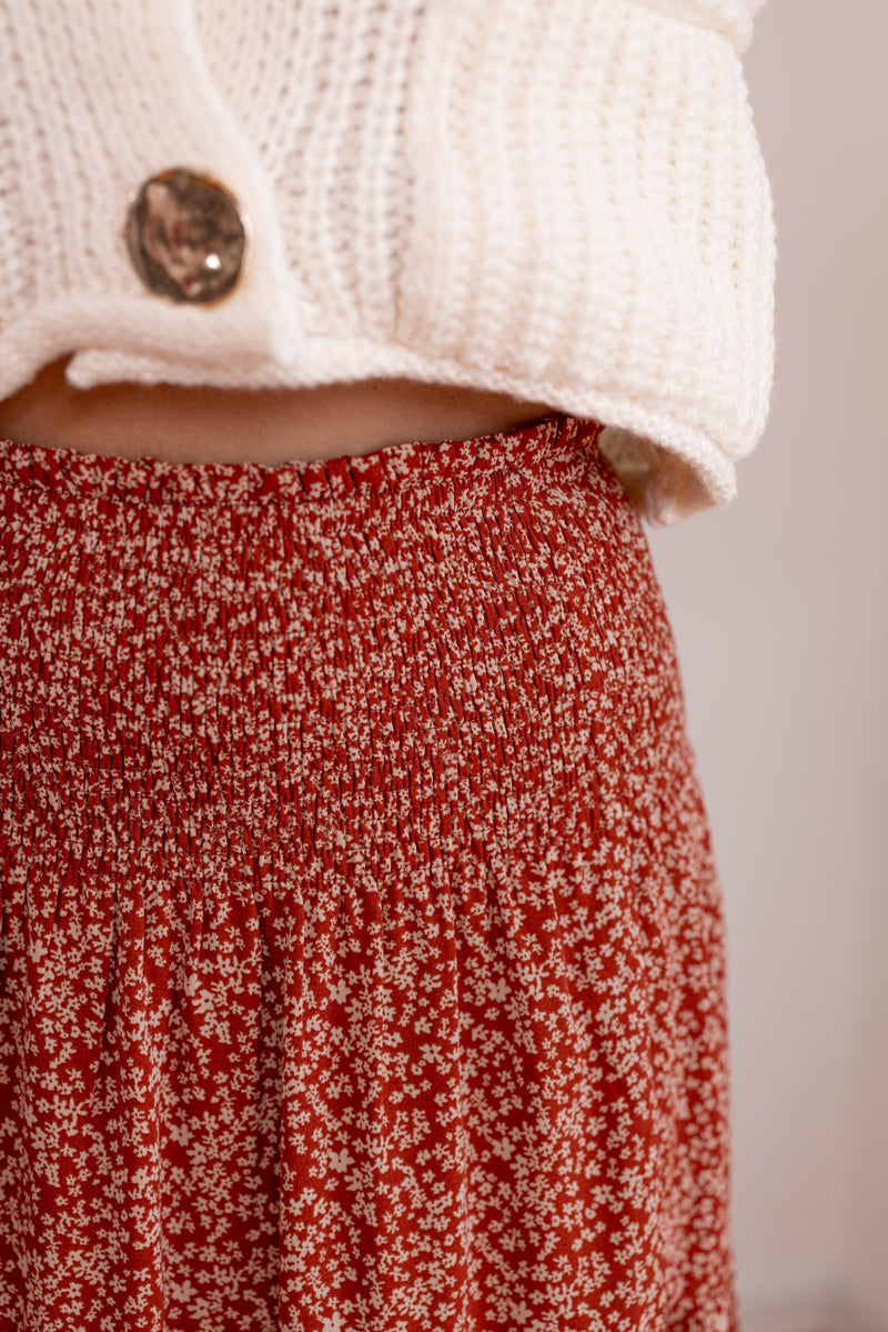 rust floral boho smocked midi skirt