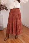 rust floral boho smocked midi skirt