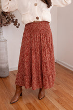 rust floral boho smocked midi skirt