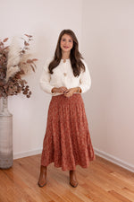 rust floral boho smocked midi skirt