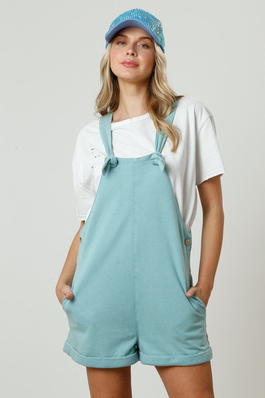 Fantastic Fawn Mineral washed aqua blue french terry knit overall shorts