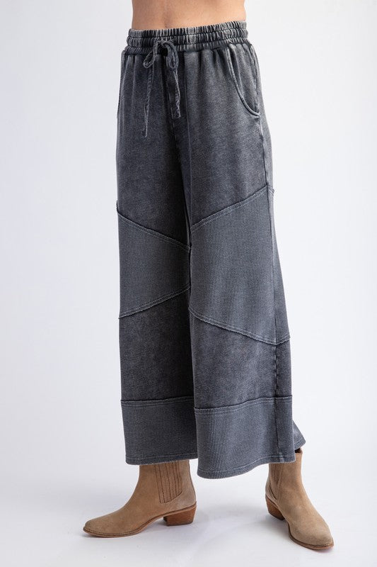 Easel Washed black terry knit wide leg cropped pants with waffle knit patch details