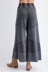 Easel Washed black terry knit wide leg cropped pants with waffle knit patch details