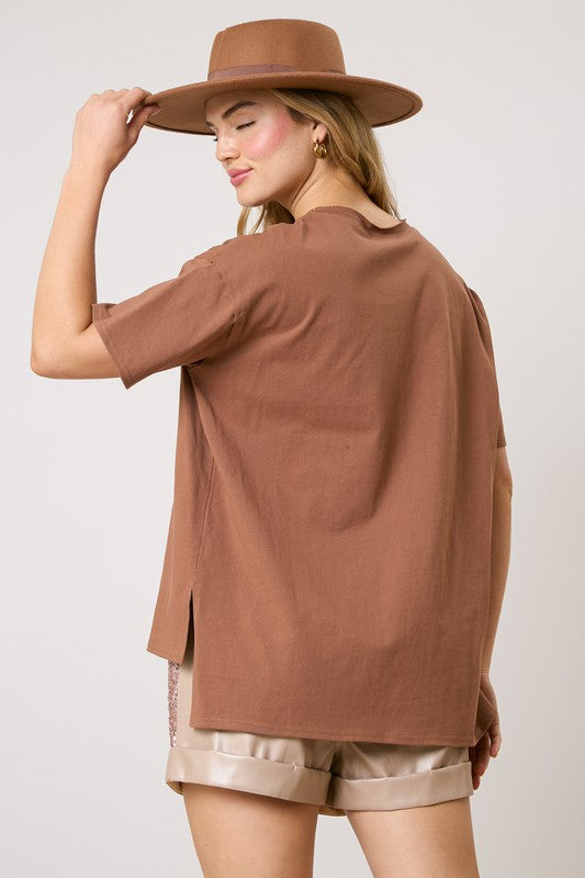 Fantastic Fawn Washed brown tee with mauve studded star