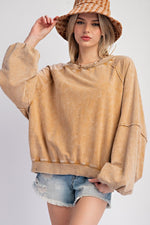 Easel Mineral washed caramel terry knit pullover top with raw seam details