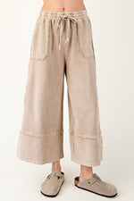 Easel Mineral washed mushroom french terry knit textured wide leg cropped pants