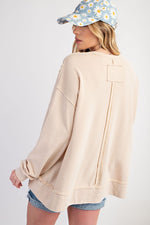 Easel Mineral washed oatmeal french terry knit pullover top with raw seam details