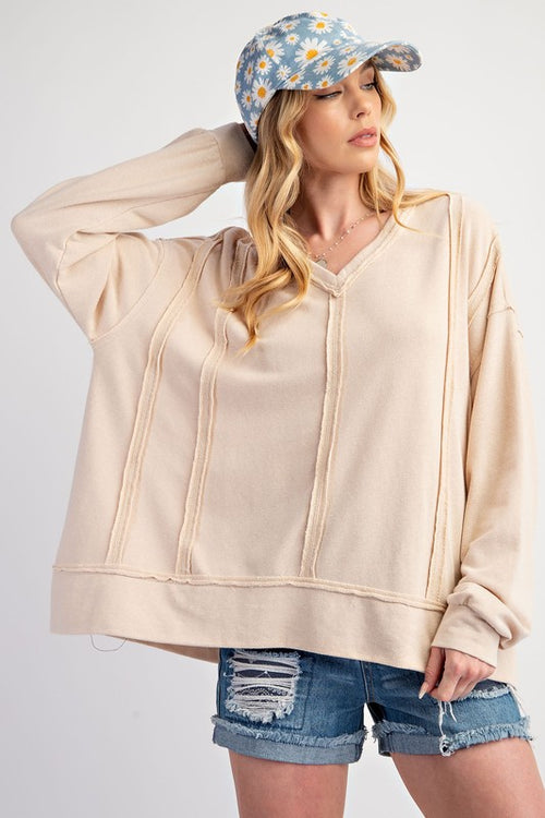 Easel Mineral washed oatmeal french terry knit pullover top with raw seam details