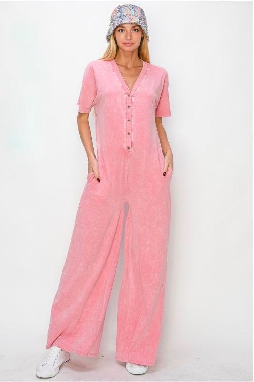 J. HER Mineral washed pink jersey knit relaxed jumpsuit