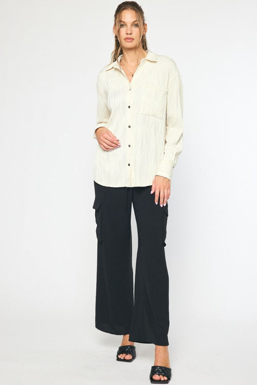 Entro Cream button down top with monochromatic textured wave pattern