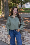 olive ruffle back western button down top