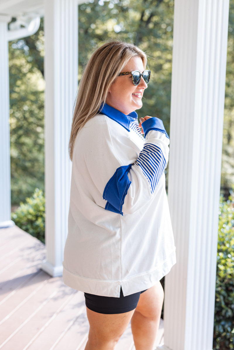 blue white collared gameday pullover