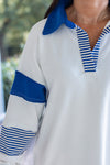 blue white collared gameday pullover