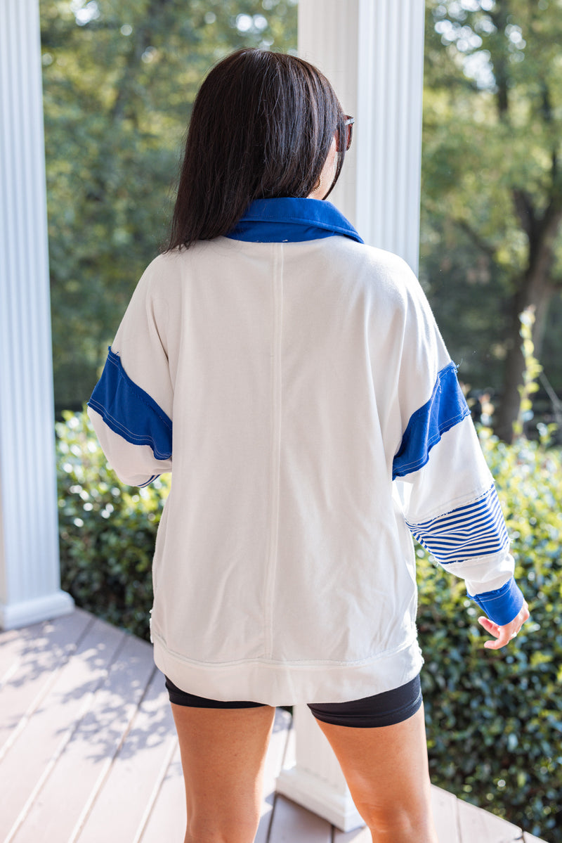 blue white collared gameday pullover