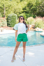 green twill denim shorts