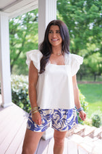 blue white printed linen shorts