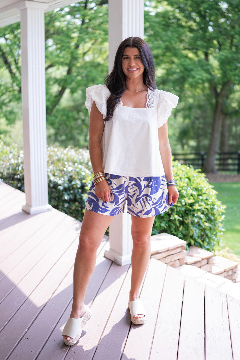 blue white printed linen shorts