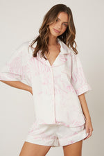 Peach Love California White satin pajama top with pink tiger print