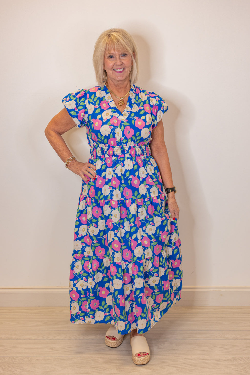 blue pink floral midi dress