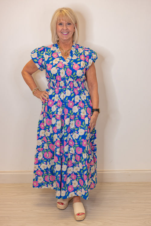 blue pink floral midi dress