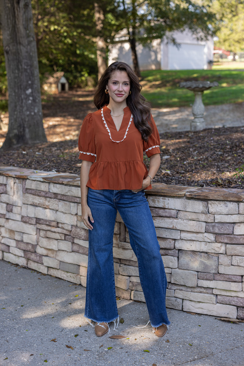 rust ricrac trim peplum top