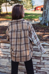 women's taupe blue plaid flannel shacket