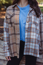 women's taupe blue plaid flannel shacket