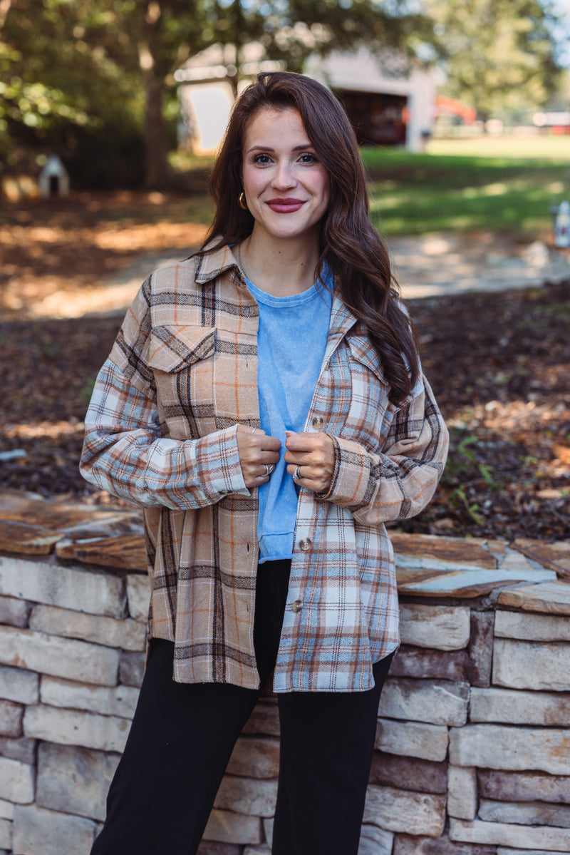 women's taupe blue plaid flannel shacket