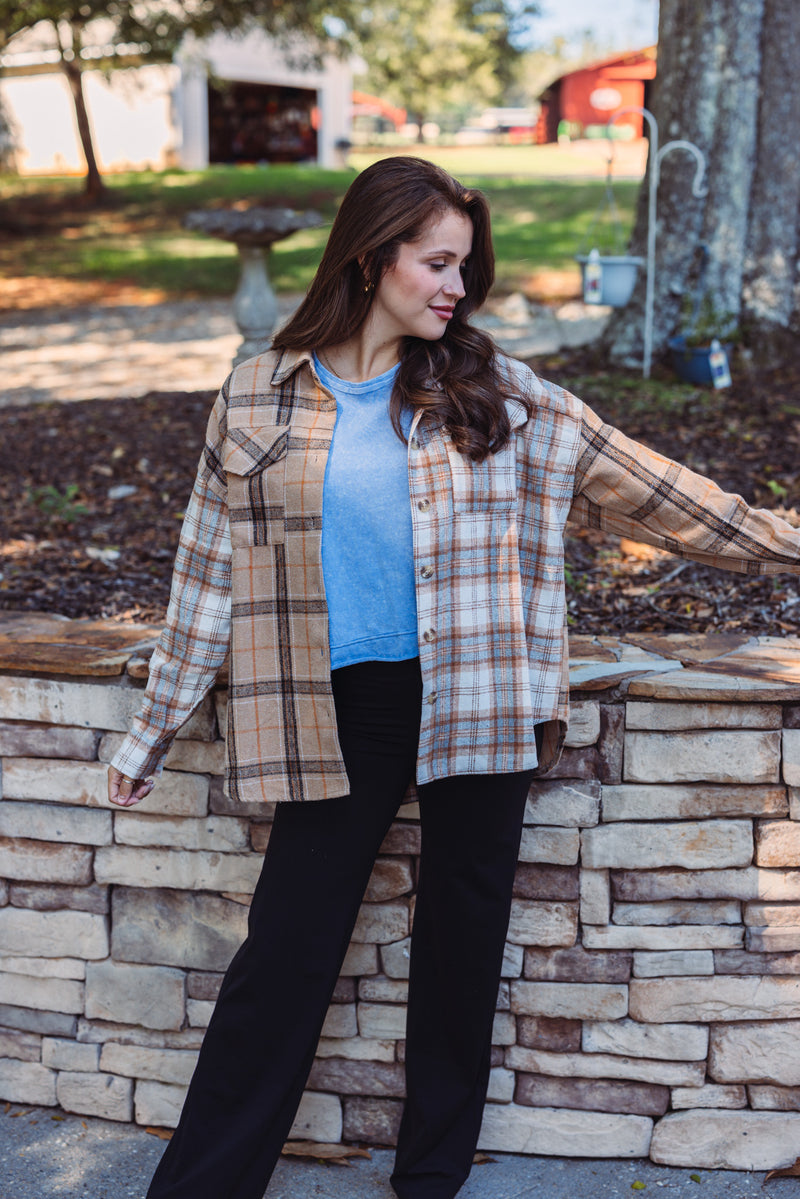 women's taupe blue plaid flannel shacket