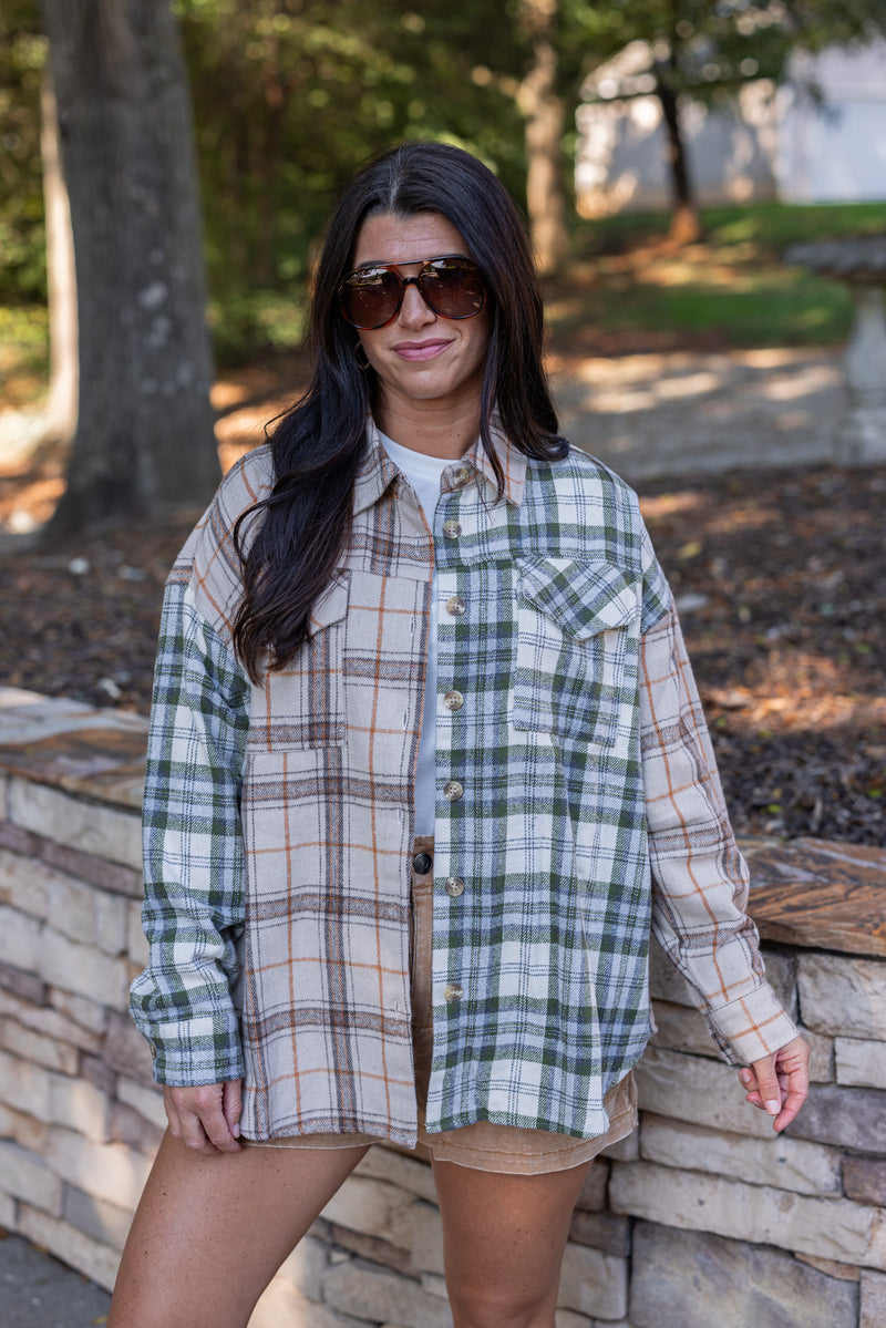 tan olive plaid flannel top