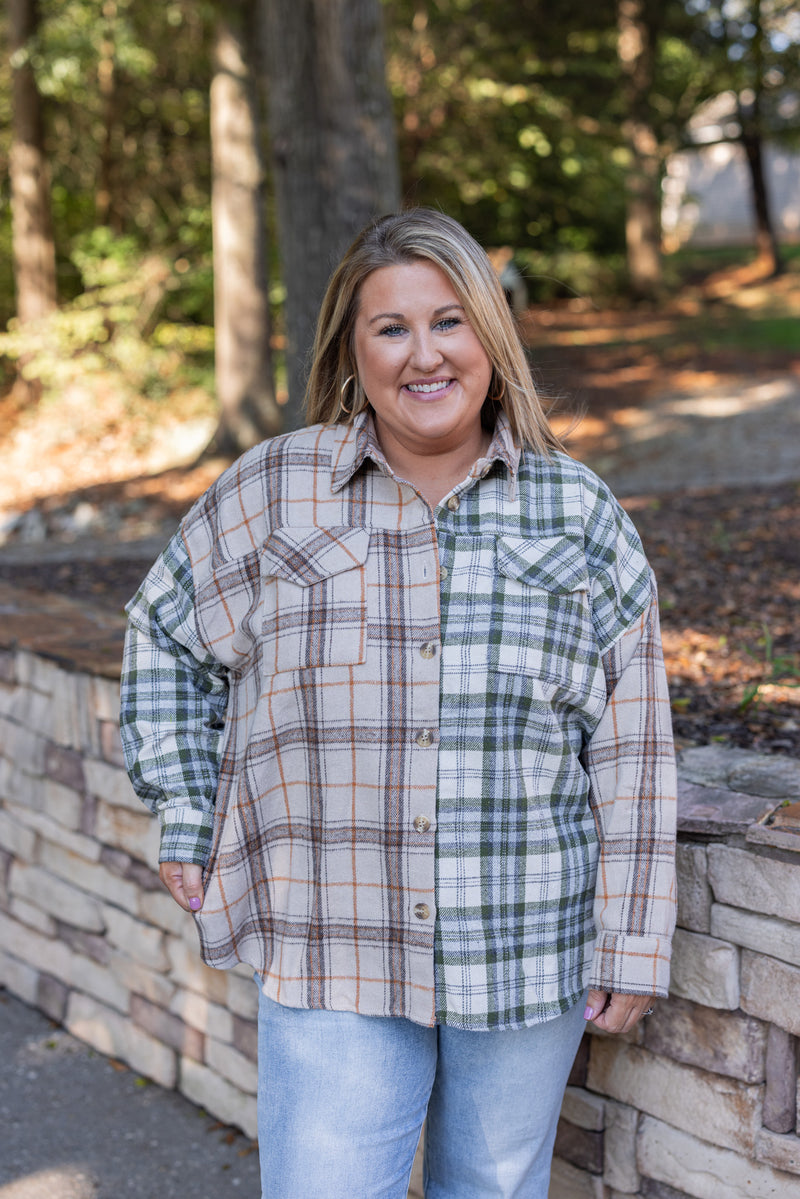 tan olive plaid flannel top