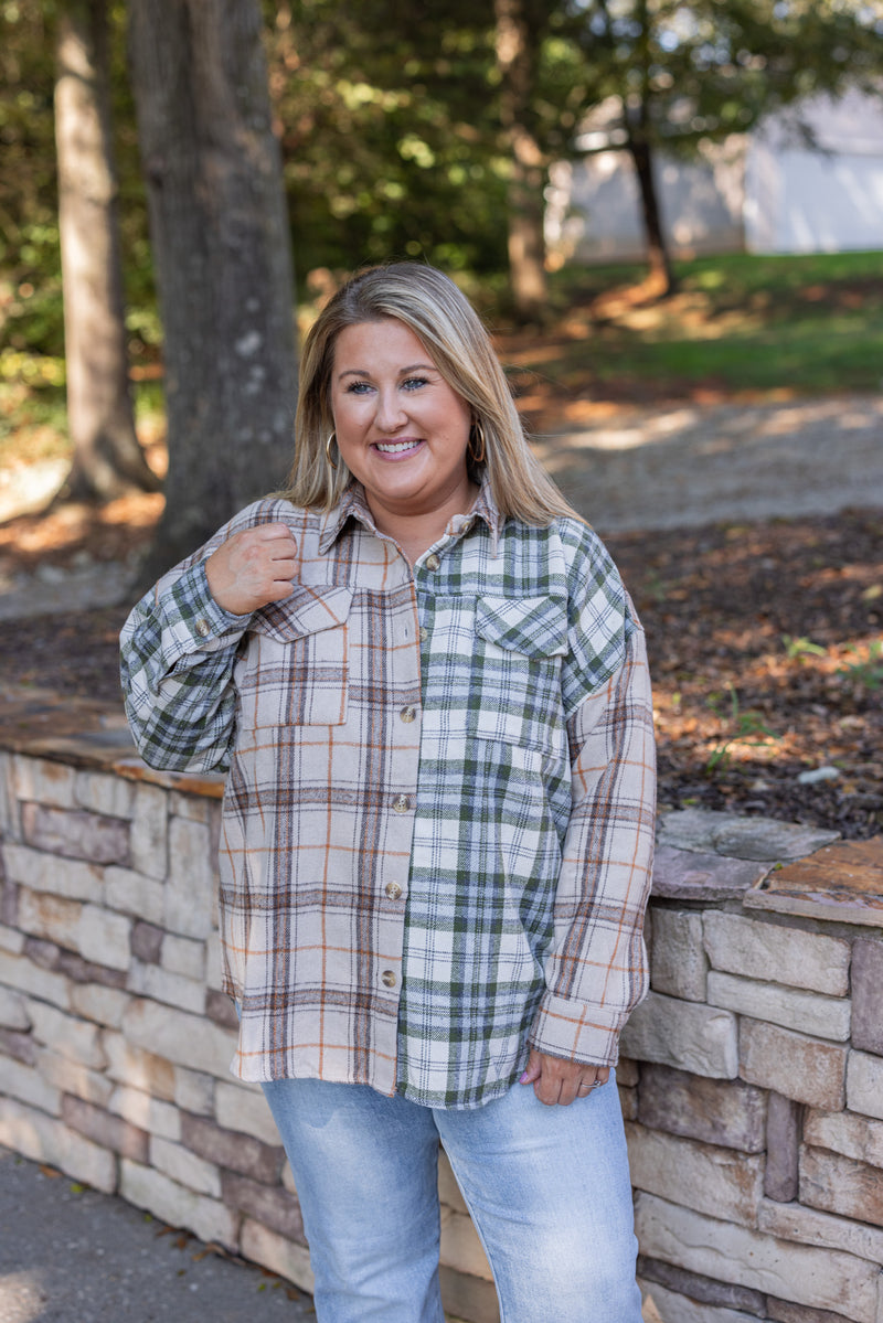 tan olive plaid flannel top